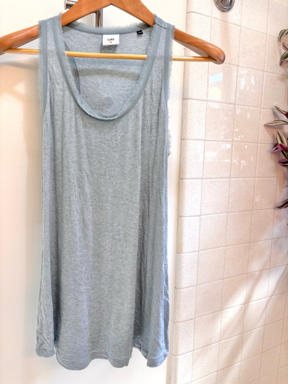 CAbi Racerback Tank Blue Size Medium Iris Scoop Neck Feathered Fairy Soft Modest
